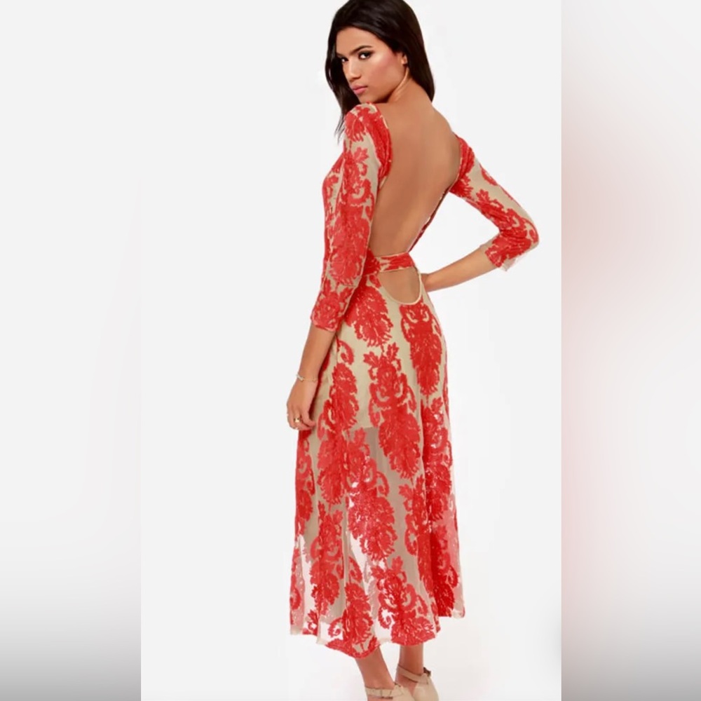 For Love & Lemons San Marcos Embroidered Red Maxi Dress, size XS